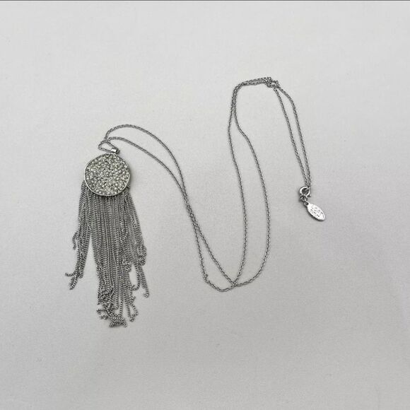 LOFT Necklace Round Pave Crystal Fringe Pendant Silver Tone Chain 24 Inches - Picture 3 of 7